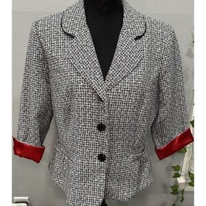 Studio 1 Blazer Women's Size 16 Black White 3/4 Sleeves Shoulder Pads 3 Buttons